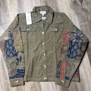 NEW Myra Bag Cotton Patchwork Acid Wash Army Green Boho Button Down Shacket L